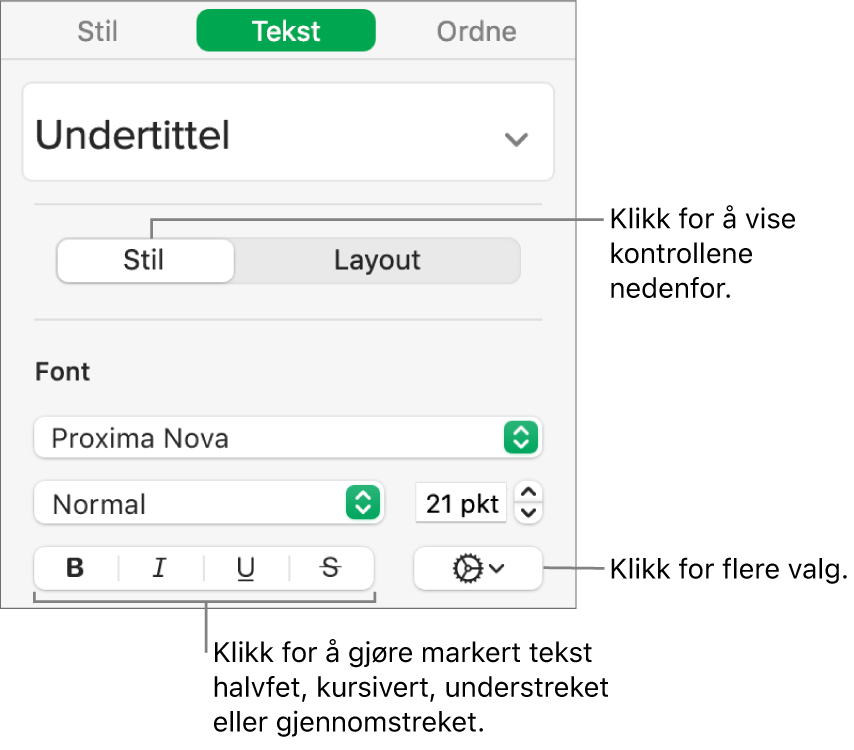 Stil-kontrollene i sidepanelet med bildeforklaringer for Halvfet-, Kursiv-, Understreket- og Gjennomstreket-knappene.