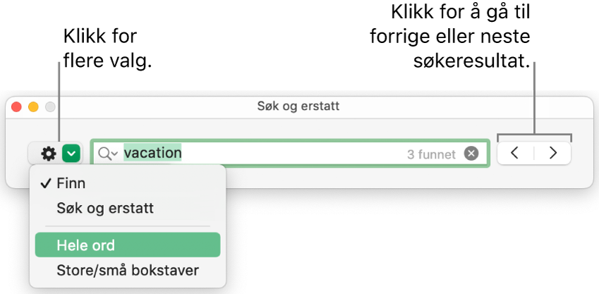 Søk og erstatt-vinduet, med lokalmenyen viser alternativer for Finn, Søk og erstatt, Hele ord og Store/små bokstaver. Pilene til høyre lar deg hoppe til forrige eller neste søkeresultat.