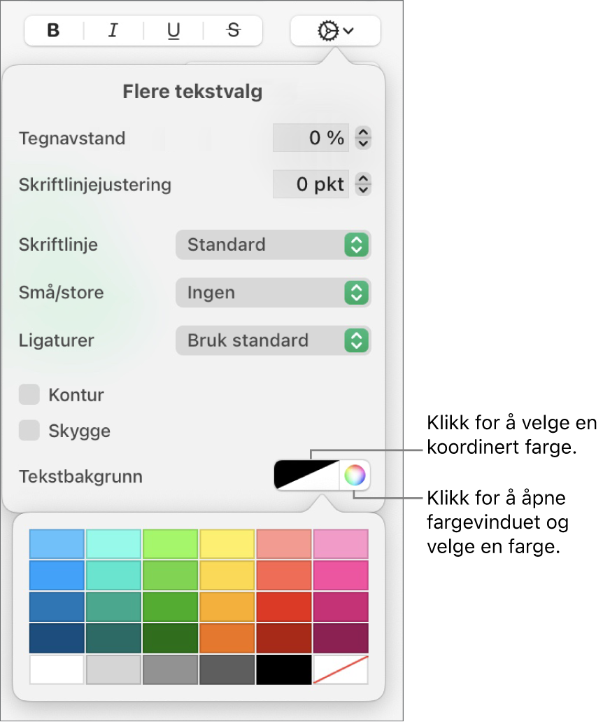 Kontroller for valg av fyllfarge for tegn.