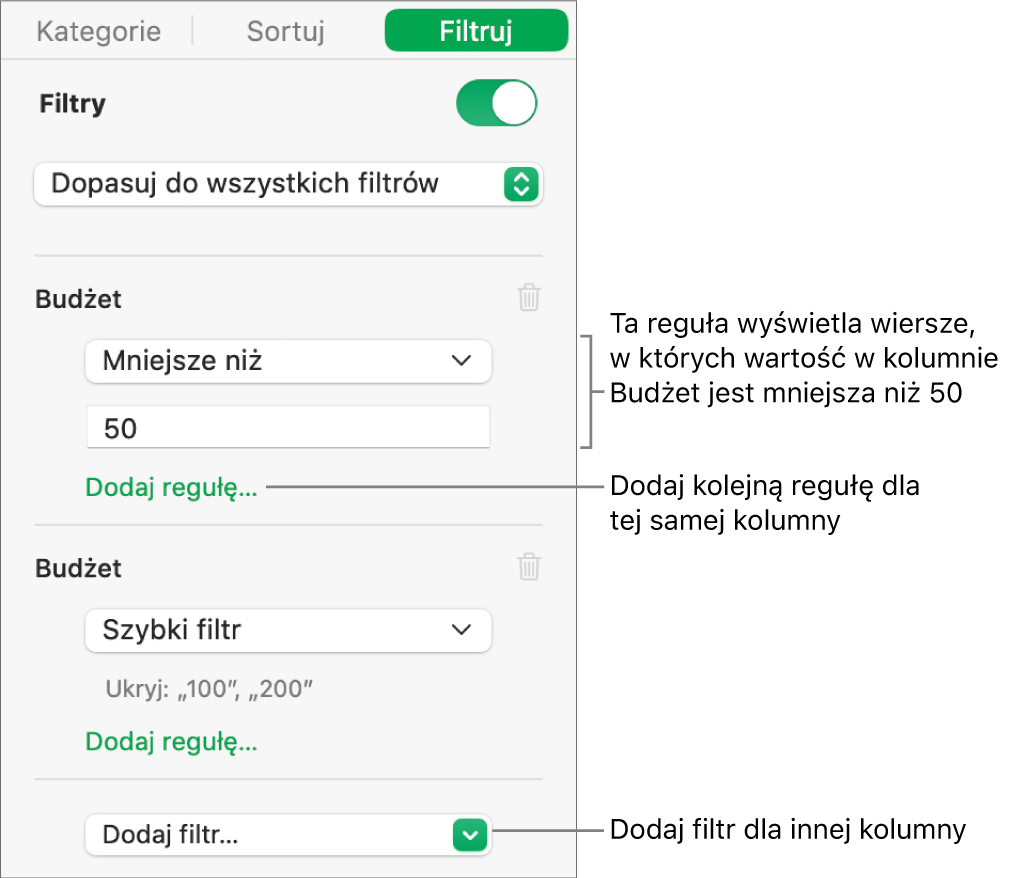 Narzędzia tworzenia reguł filtrowania.