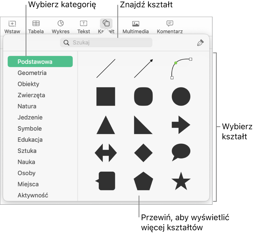 Biblioteka kształtów, po lewej widoczna jest lista kategorii, a po prawej wyświetlane są kształty. Możesz użyć znajdującego się na górze pola wyszukiwania, aby wyszukiwać kształty. Przewiń, aby zobaczyć ich więcej.