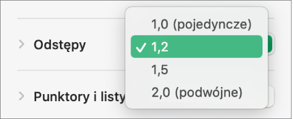Menu podręczne Odstępy, zawierające pozycje Pojedyncze, Podwójne oraz inne opcje.
