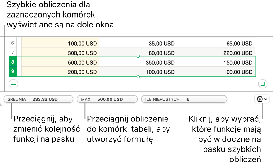 Przeciągnij, aby zmienić kolejność funkcji. Przeciągnij obliczenie do komórki tabeli, aby je dodać. Kliknij w menu funkcji, aby zmienić zestaw wyświetlanych funkcji.