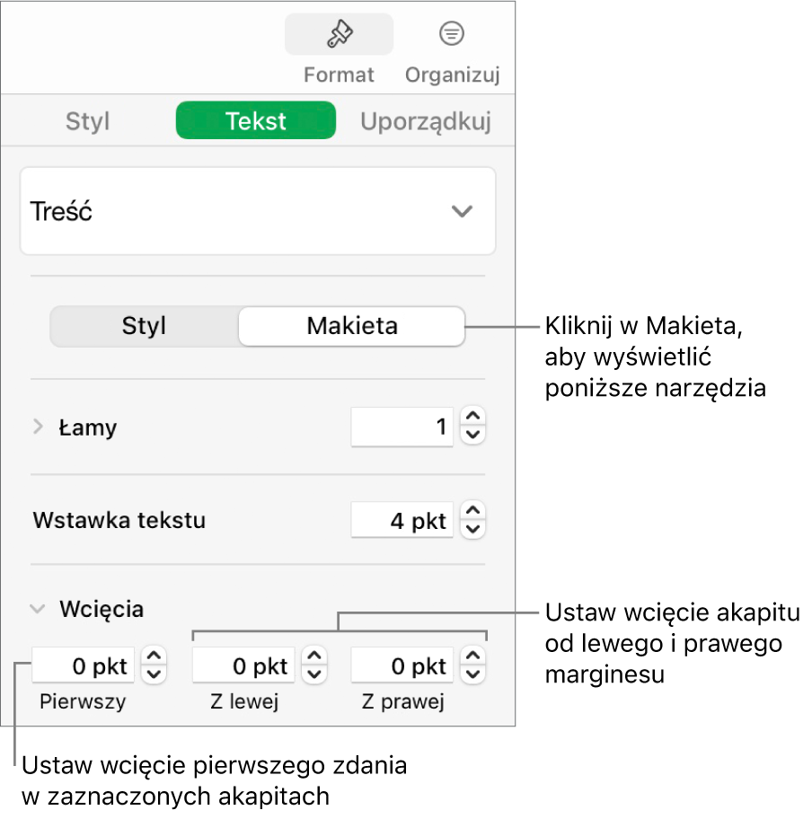 Sekcja Makieta na pasku bocznym Format, zawierająca narzędzia ustawiania wcięcia pierwszego wiersza oraz marginesów akapitu.