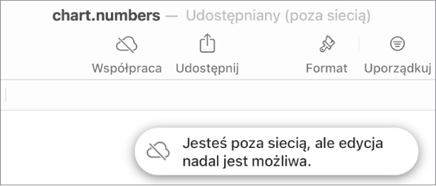 Alert zawierający następującą informację: Brak połączenia z siecią, ale edycja nadal jest możliwa.