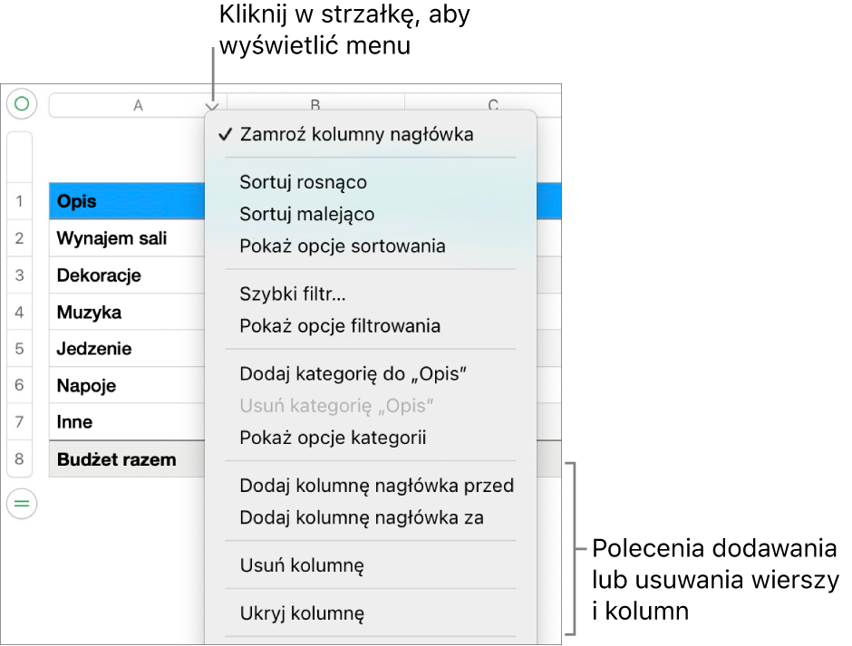 Menu kolumny tabeli z poleceniami służącymi do dodawania lub usuwania wierszy i kolumn.
