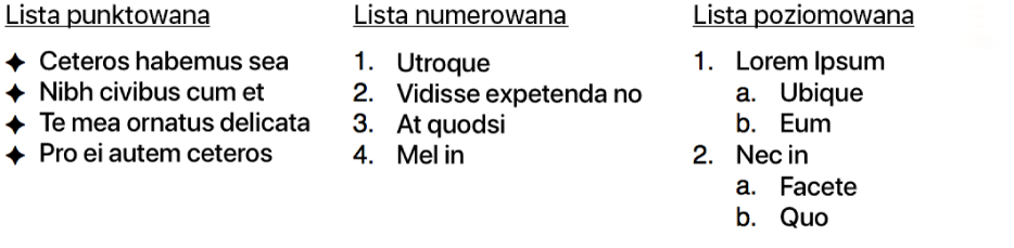 Przykłady listy wypunktowanej, numerowanej i numerowanej hierarchicznej.