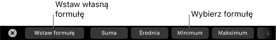 Pasek Touch Bar na MacBooku Pro z narzędziami do wstawiania własnej formuły oraz wybierania często używanych formuł.