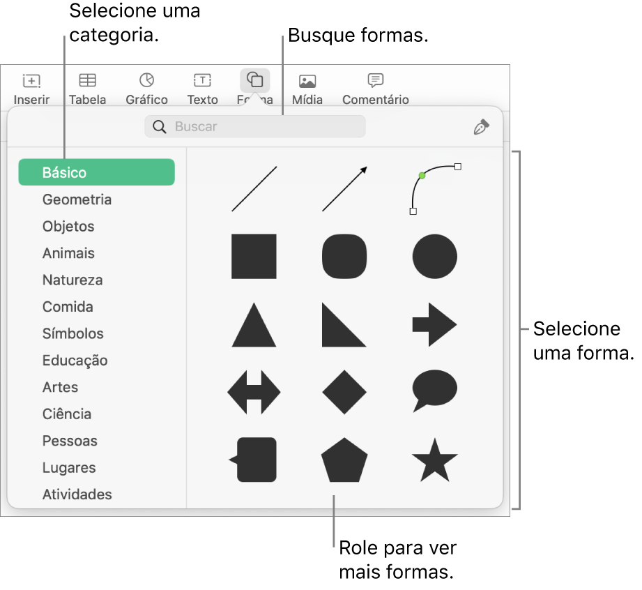 A biblioteca de formas, com categorias listadas à esquerda e formas exibidas à direita. Você pode utilizar o campo de busca na parte superior para encontrar formas e rolar para ver mais.