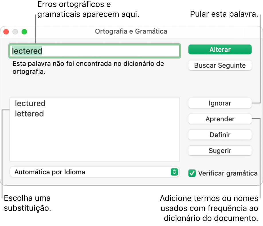 Janela de Ortografia e Gramática.