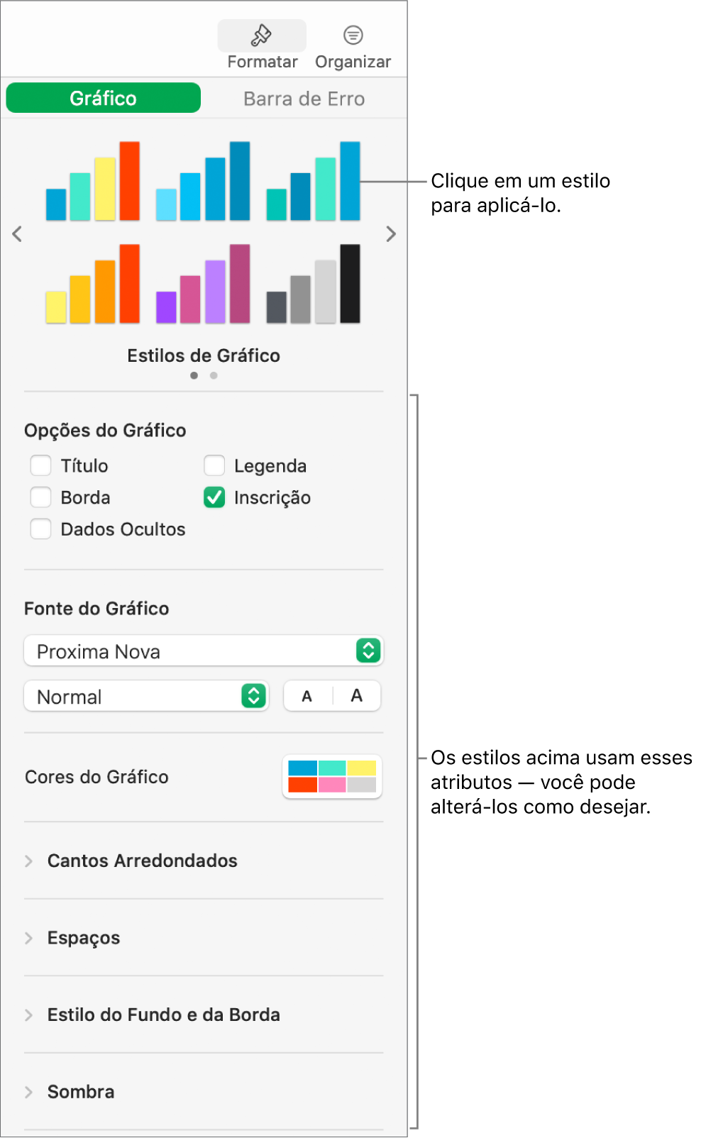 Barra lateral Formatar mostrando os controles para formatar gráficos.