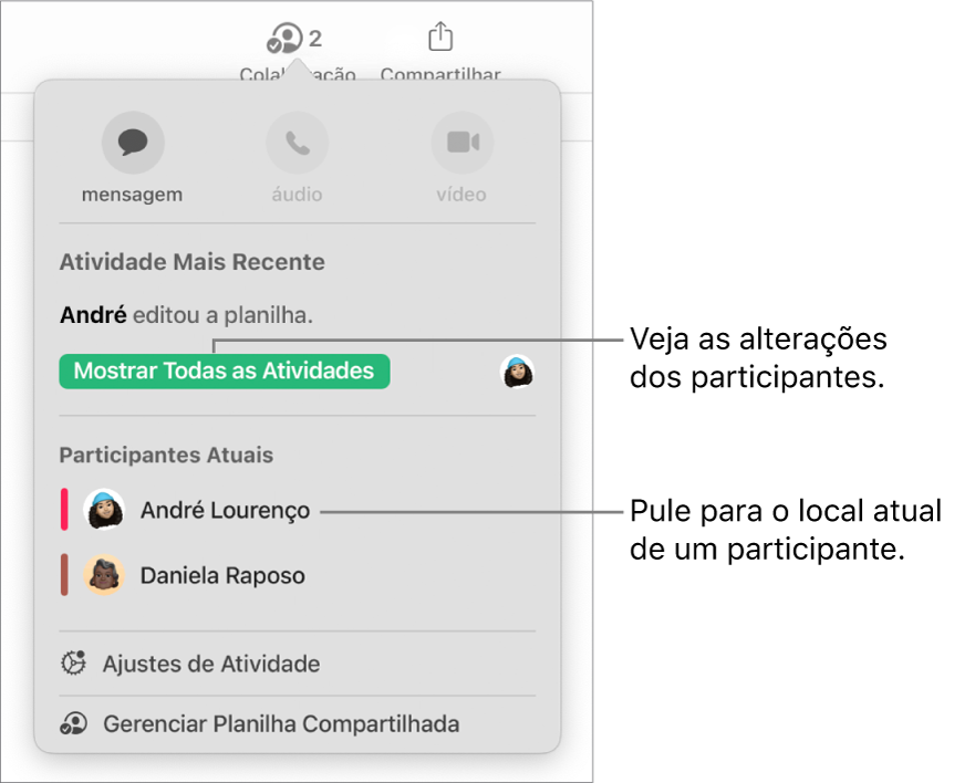 Menu de colaboração com dois participantes atuais listados.