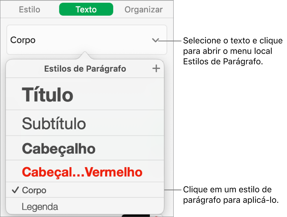 O menu Estilos de Parágrafo.