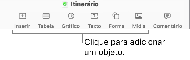 Janela do Numbers com chamadas para os botões de objeto na barra de ferramentas.