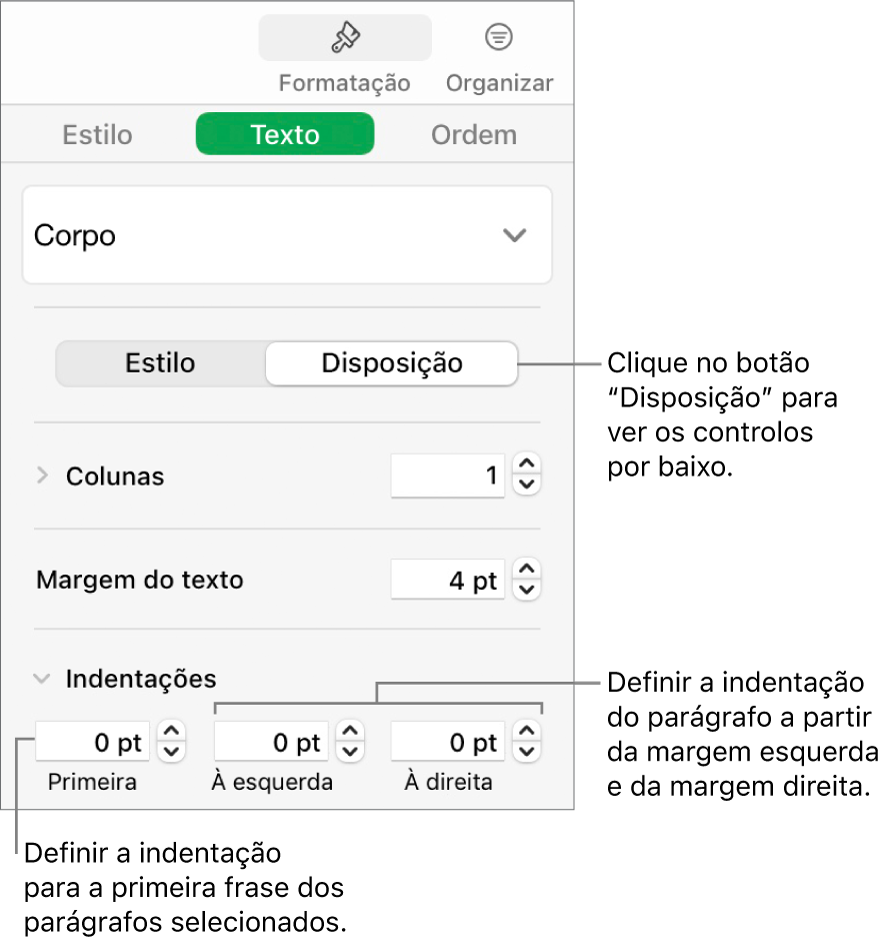 A secção "Disposição” da barra lateral “Formatação” a mostrar controlos para definir a indentação da primeira linha e as margens de parágrafo.