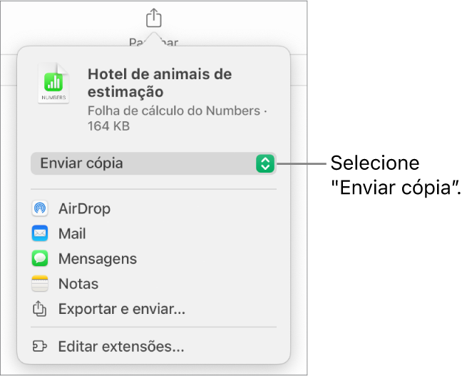 O menu “Partilhar” com “Enviar cópia” selecionada na parte superior.