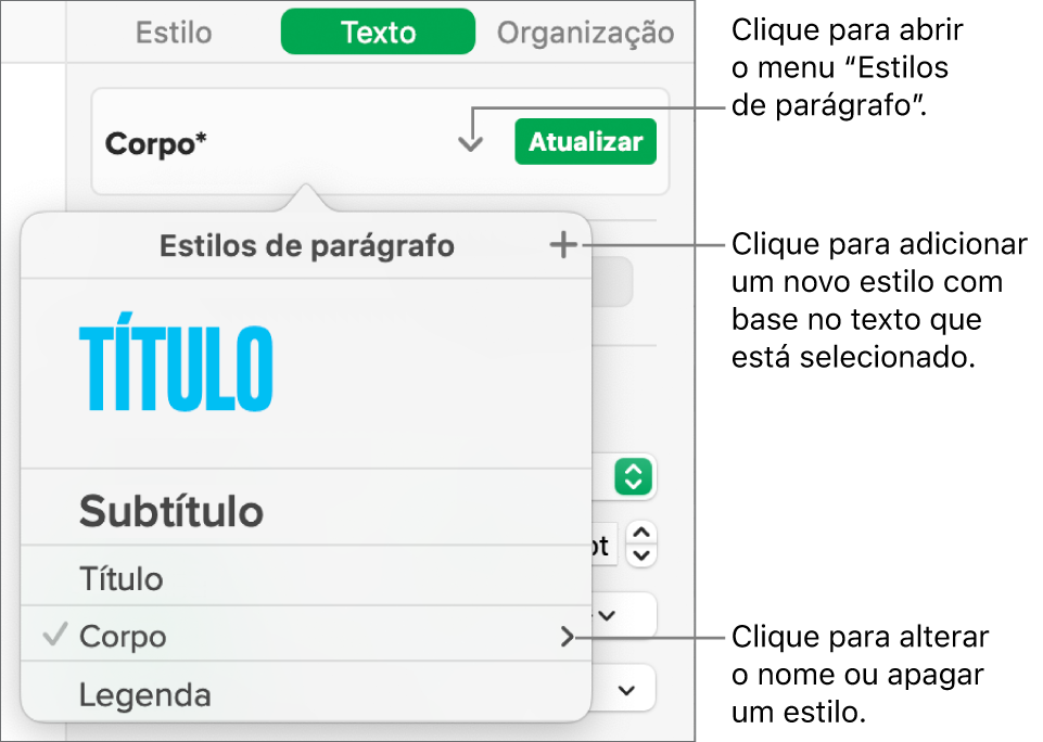 O menu “Estilos de parágrafo”, mostrando os controlos para adicionar ou alterar um estilo.