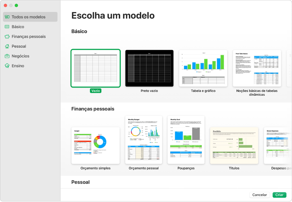 A lista de modelos. Uma barra lateral à esquerda lista as categorias do modelo onde pode clicar para filtrar opções. À direita estão visíveis miniaturas de modelos preconcebidos organizados em linhas por categoria, que começam por “Básico” na parte superior e “Finanças pessoais” e “Pessoal” posteriormente. Os botões “Cancelar” e “Criar” estão no canto inferior direito.