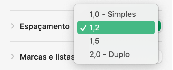 O menu pop-up "Espaçamento” com as opções “Único”, “Duplo” e outras.