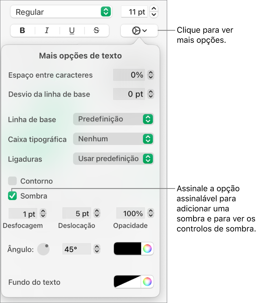 O menu “Mais opções de texto” aberto com a opção “Sombras” selecionada e os controlos para definir desfocagem, deslocação, opacidade, ângulo e cor.
