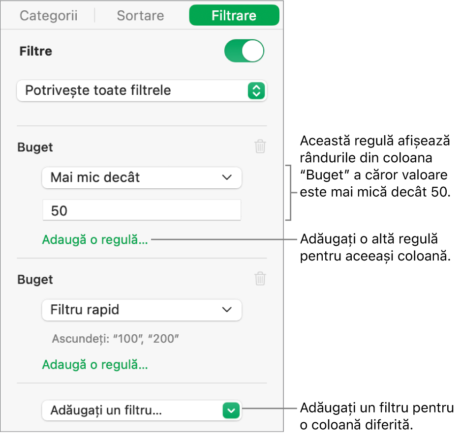 Comenzi pentru crearea de reguli de filtrare.