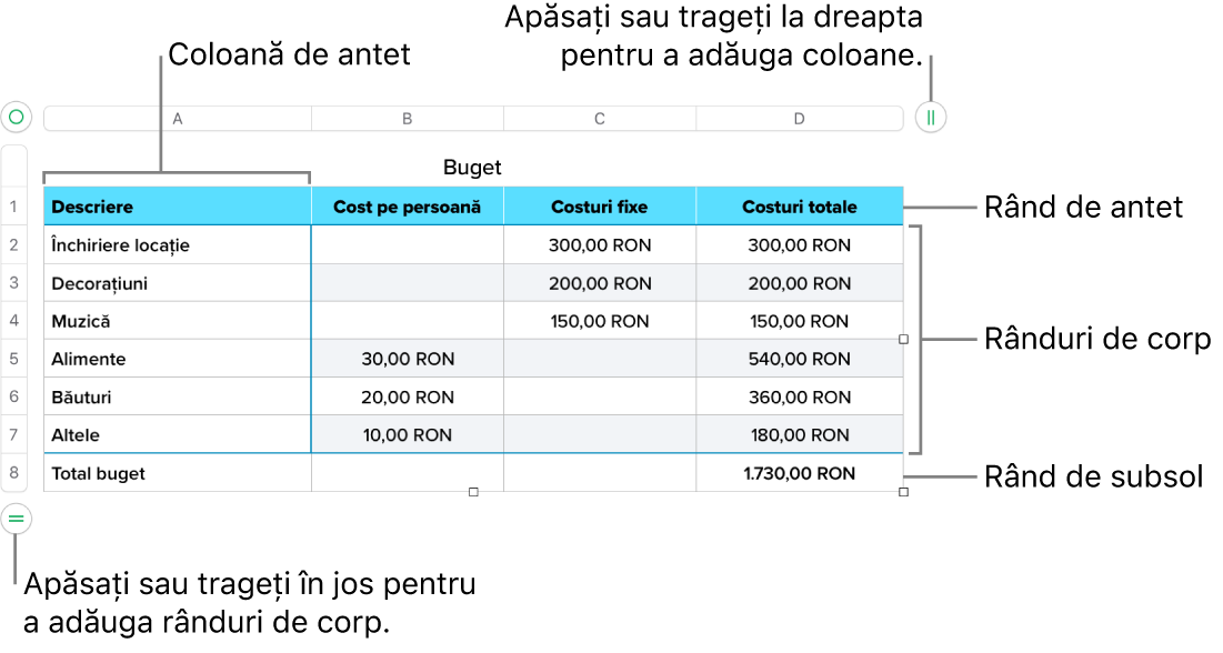 Un tabel, cu rânduri și coloane pentru antet, corp și subsol și mânere pentru adăugarea sau ștergerea rândurilor sau coloanelor.
