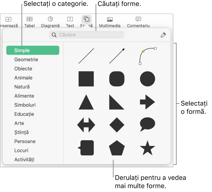 Biblioteca de forme, cu categoriile enumerate în partea stângă și formele afișate în partea dreaptă. Puteți utiliza câmpul de căutare din partea de sus pentru a găsi forme și derulați pentru a vedea mai multe.