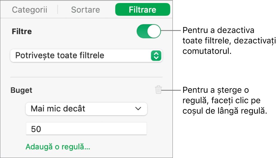 Comenzi pentru ștergerea unui filtru sau dezactivarea tuturor filtrelor.