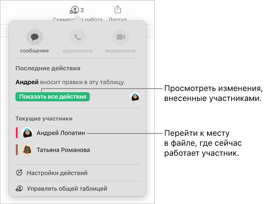 В меню совместной работы показаны двое активных участников.