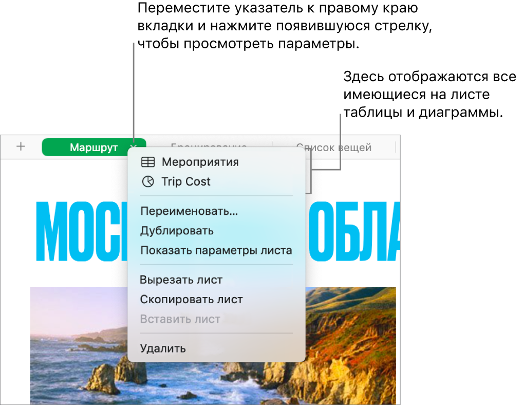 Вкладка таблицы с открытым контекстным меню, в котором показаны различные команды, включая «Дублировать».