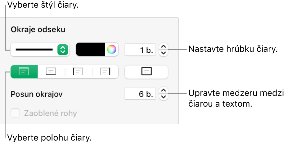 Ovládacie prvky na zmenu štýlu, hrúbky, polohy a farby čiary.
