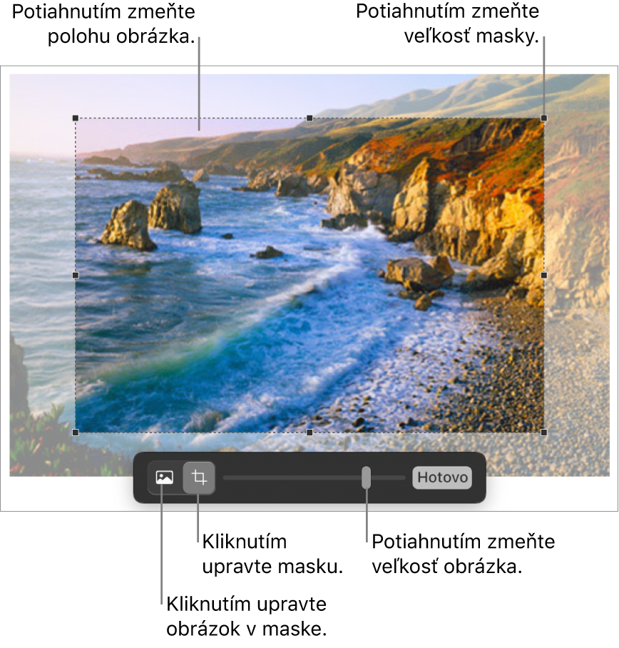 Ovládacie prvky masky na fotke.