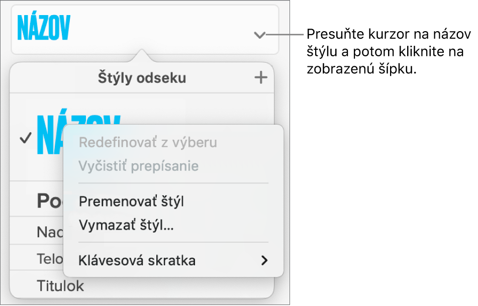Menu Štýly odseku s otvoreným menu skratiek.
