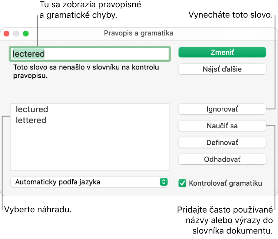 Okno Pravopis a gramatika.