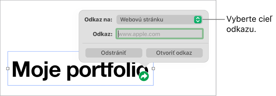 Ovládacie prvky editora odkazov s vybranou položkou Webová stránka a tlačidlami Odstrániť a Otvoriť odkaz v dolnej časti.