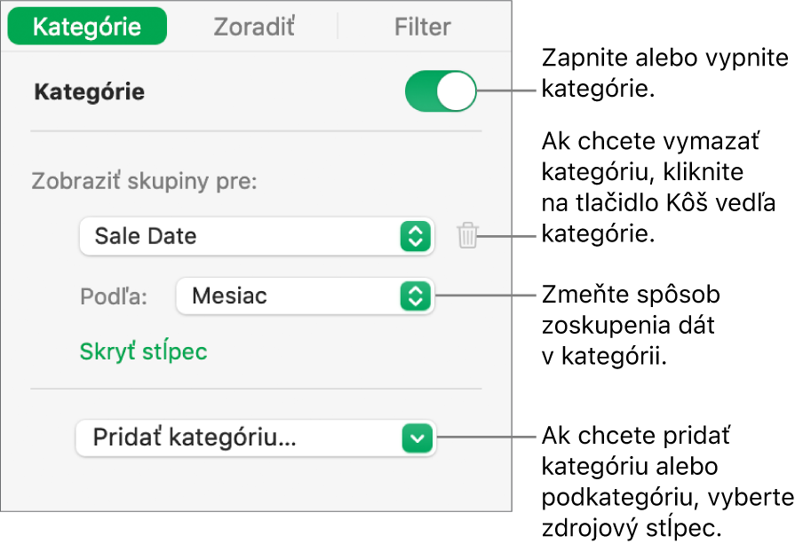 Postranný panel kategórií s možnosťami vypnutia kategórií, vymazania kategórií, zmeny zoskupenia dát, skrytia zdrojového stĺpca a pridania kategórií.