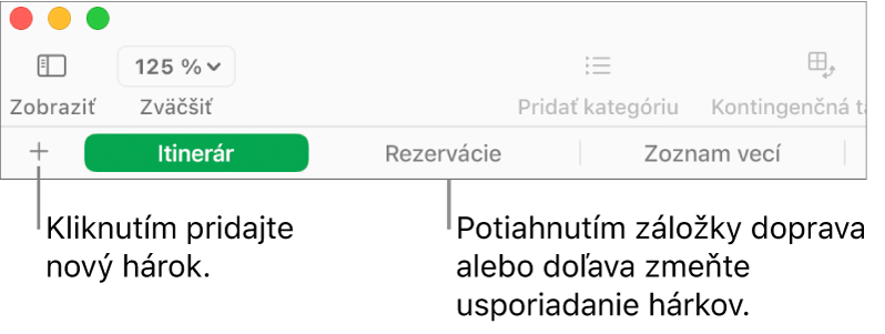Lišta so záložkami na pridávanie nových hárkov a preorganizovanie hárkov.