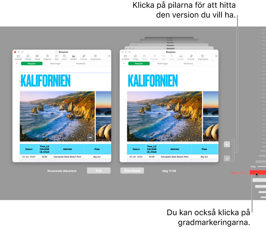 Fönstret Återgå med de versioner du kan bläddra bland.
