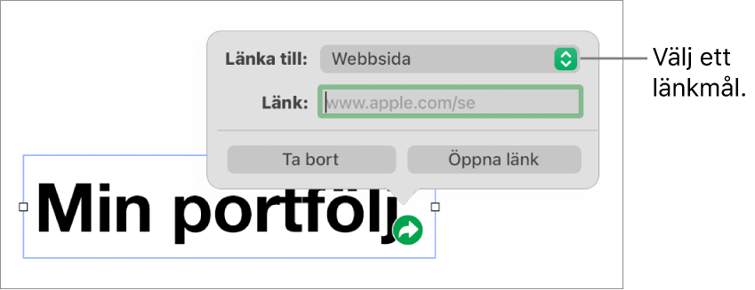 Länkredigerarreglage med Webbsida markerat och knapparna Ta bort och Öppna länk längst ned.