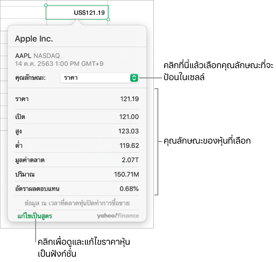 หน้าต่างโต้ตอบสำหรับป้อนข้อมูลคุณลักษณะหุ้น โดยมี Apple เป็นหุ้นที่เลือก