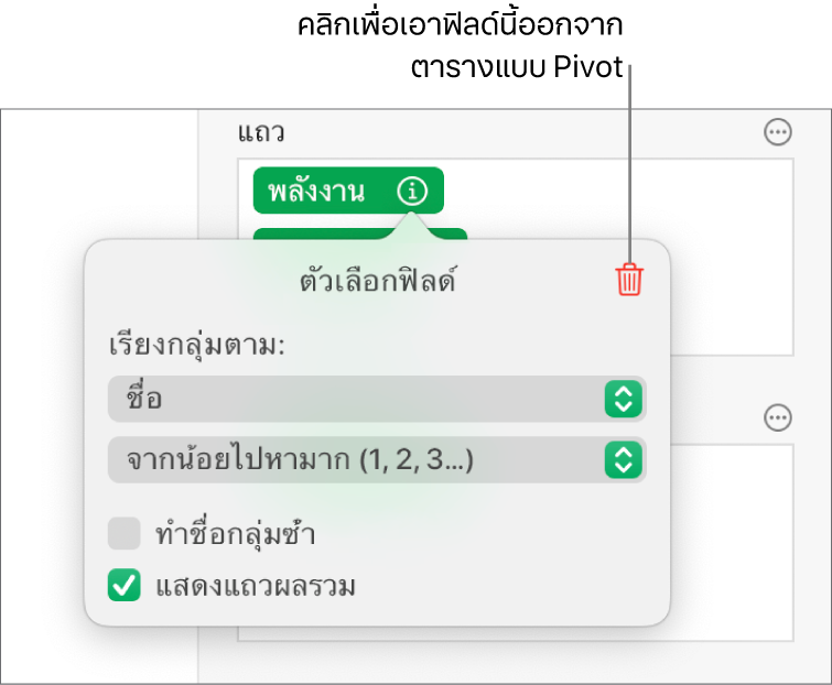 เมนูตัวเลือกฟิลด์ ที่แสดงตัวควบคุมสำหรับการจัดกลุ่มและการเรียงข้อมูล รวมถึงตัวเลือกในการเอาฟิลด์ออก