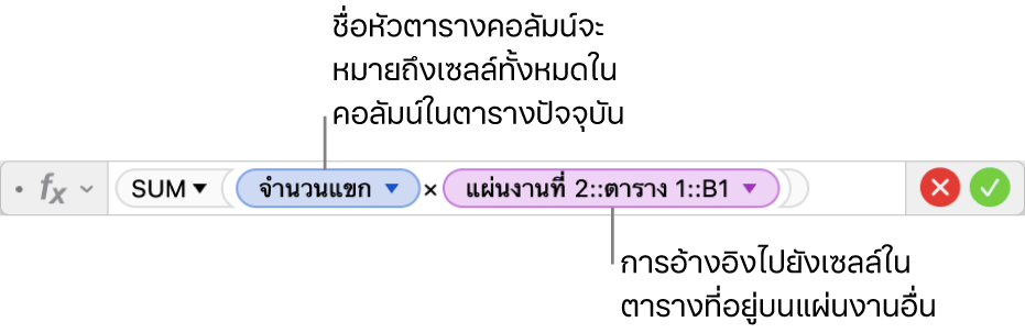 ตัวแก้ไขสูตรที่แสดงสูตรที่หมายถึงคอลัมน์ในหนึ่งตารางและเซลล์ในอีกตารางหนึ่ง