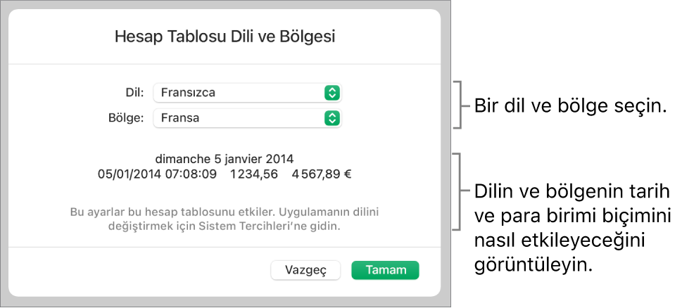 Dil ve bölge denetimleri ve tarih, saat, ondalık ve para birimi de dahil olmak üzere bir biçim örneği ile Dil ve Bölge bölümü.