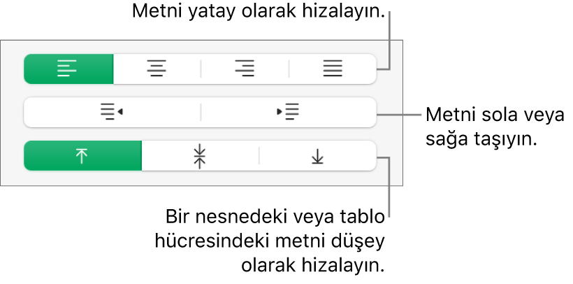 Metni yatay hizalama, metni sola veya sağa taşıma ve metni dikey hizalama düğmelerini gösteren Hizalama bölümü.