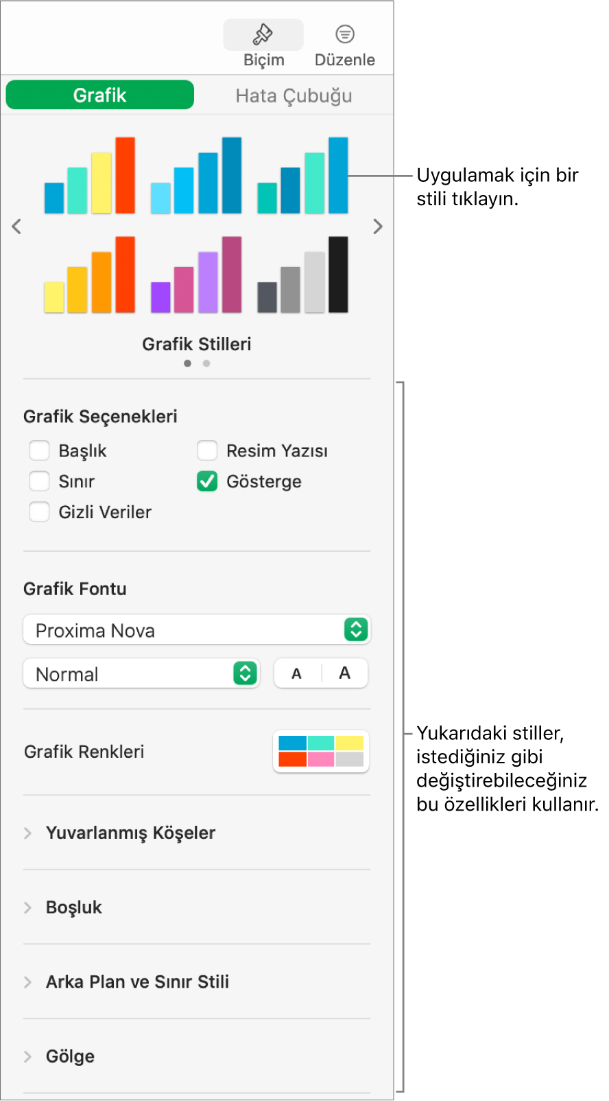 Grafikleri biçimleme denetimlerini gösteren Biçimleme kenar çubuğu.