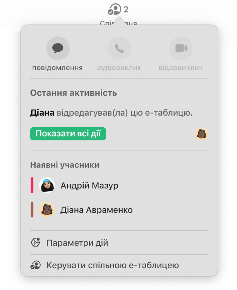 Меню співпраці з іменами людей, які спільно працюють над е‑таблицею.