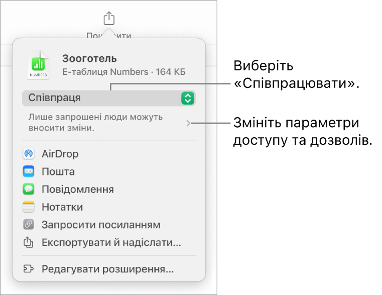 Меню «Поширити» з вибраним угорі елементом «Співпраця», а також параметрами доступу й дозволів унизу.