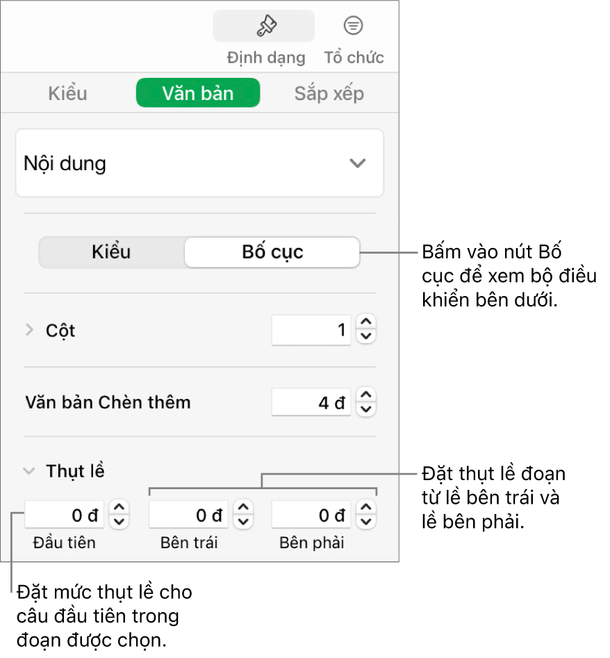 Phần Bố cục của thanh bên Định dạng hiển thị các điều khiển để đặt thụt lề dòng đầu tiên và lề đoạn.