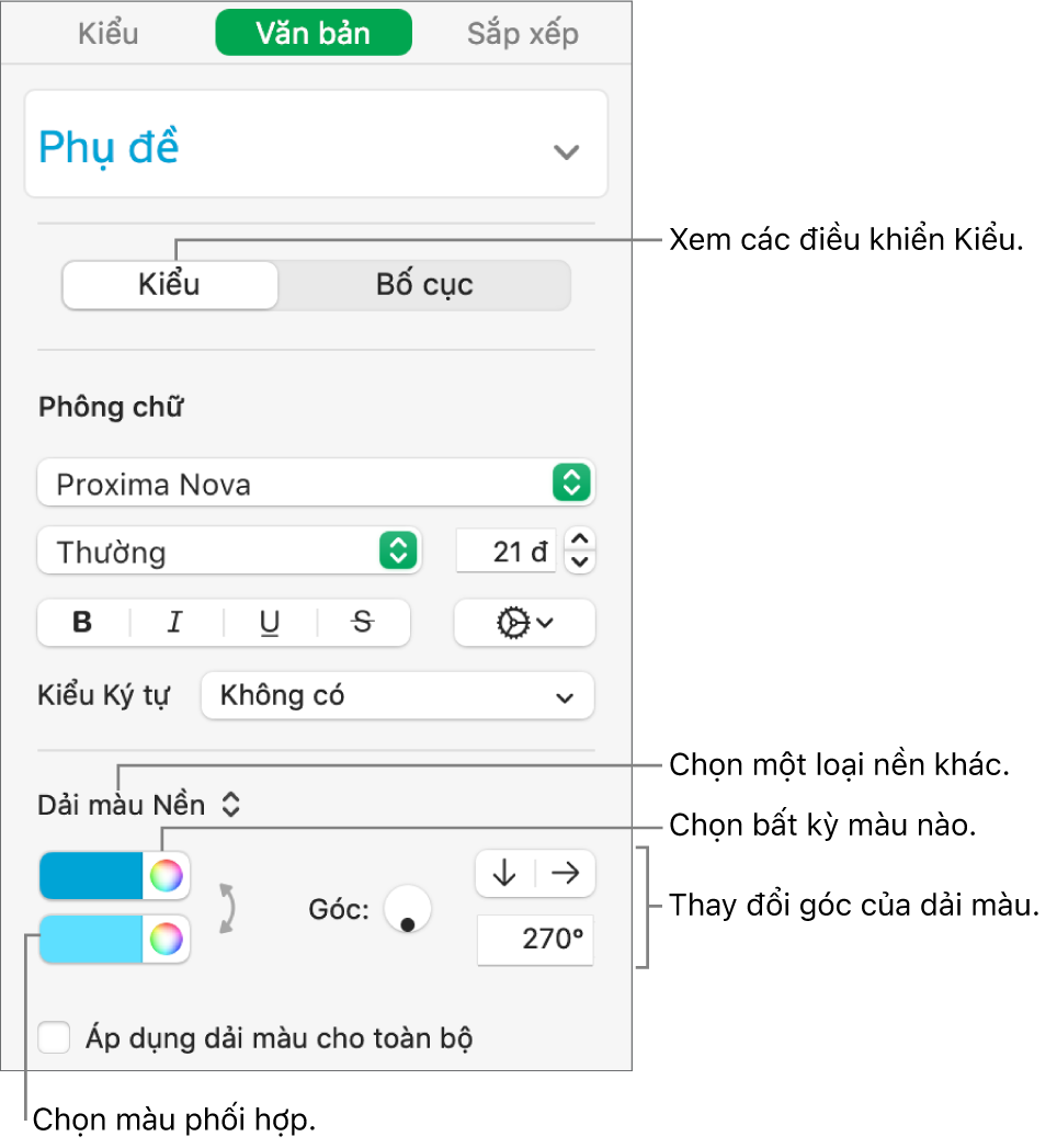 Thanh bên văn bản, đang hiển thị cách thay đổi màu văn bản.