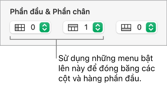 Menu bật lên để thêm cột và hàng phần đầu và phần chân vào bảng và để đóng bằng hàng và cột phần đầu.